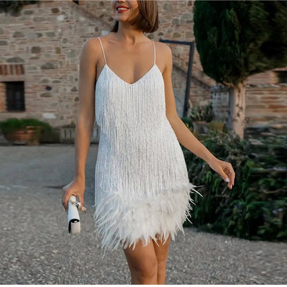 Tassel Sequins Feather Mini Dress Women Spaghetti Strap Stitching Dresses