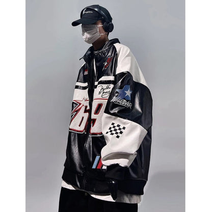 Jacke Bomber Outwear Mäntel PU Leder Y2K Vintage Mode Racing American Men