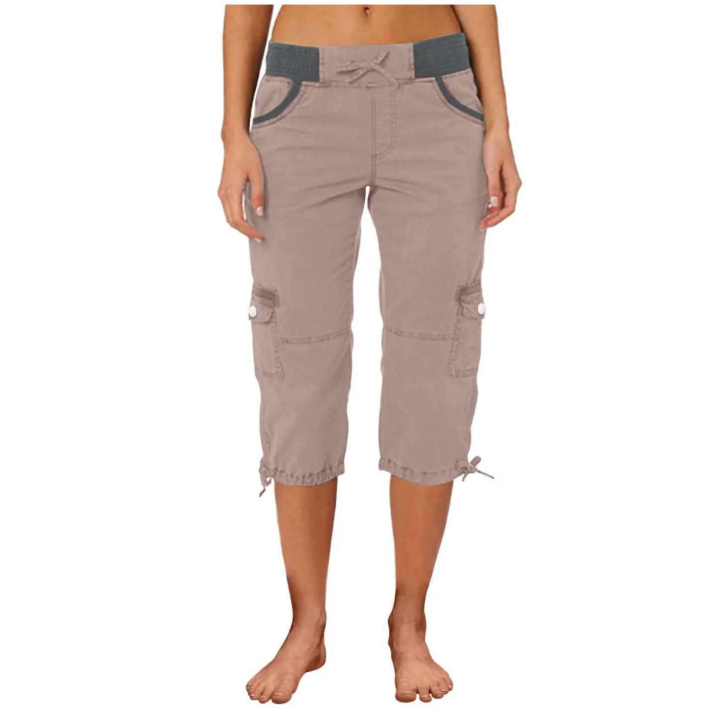 Women Cargo Capris Summer Soild Casual Pants With Pocket Drawstring