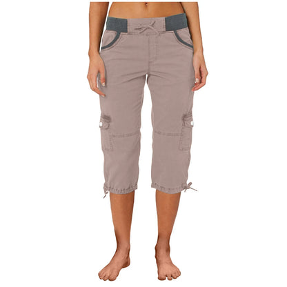 Women Cargo Capris Summer Soild Casual Pants With Pocket Drawstring