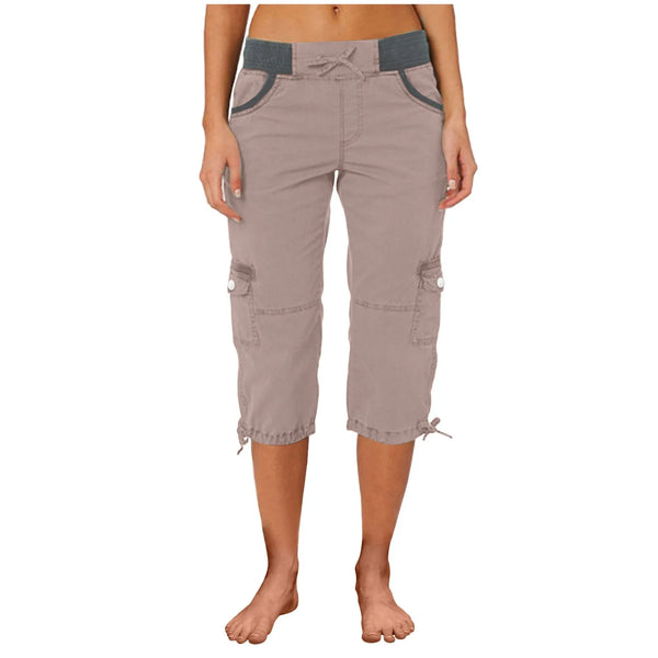 Women Cargo Capris Summer Soild Casual Pants With Pocket Drawstring