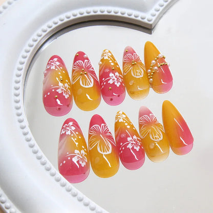 24pcs White Flower Fake Nail Tips Ins Yellow Pink Blush False Nails