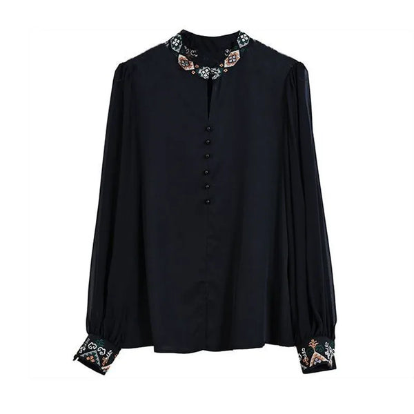 Embroidered Chiffon Blouse Stand Collar Elegant Spring Top