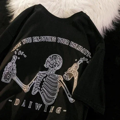 Vintage Skeleton Print Harajuku Women Y2K Funny Oversized Tee