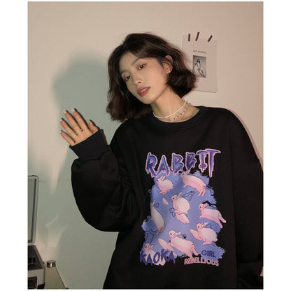 Women Clothing Vintage Rabbit Letter Printing Long Sleeves Casual Oversize