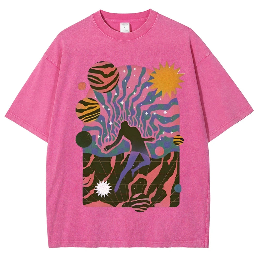 High-Quality Cartoon Abstract Print Men's T-shirt Water Wash Vintage Casual