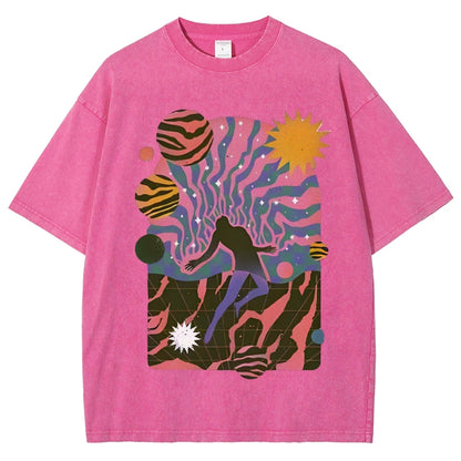 High-Quality Cartoon Abstract Print Men's T-shirt Water Wash Vintage Casual