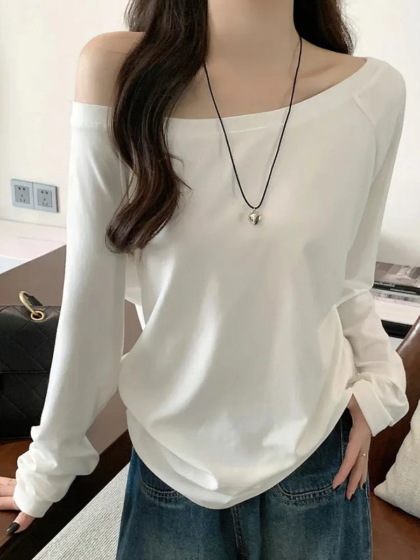Oversized Off Shoulder Long Sleeve Top Slouchy Loose Casual Tee