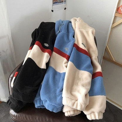 Fleece Hoodies For Men Patchwork Stripe Hooded Sweatshirts