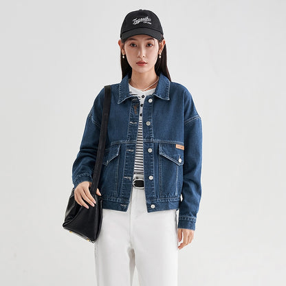 Women Denim Jacket Long Sleeve Polo Neck Loose Coat Warm