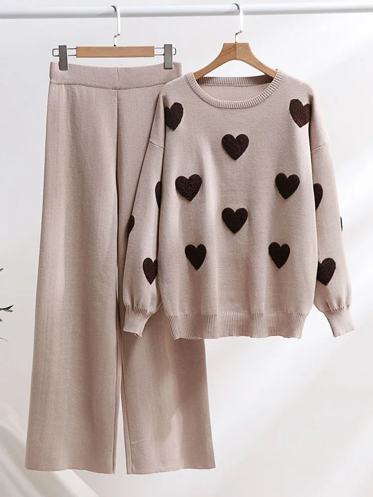 Heart Sweater Pants Set Women Winter Knitted Suit