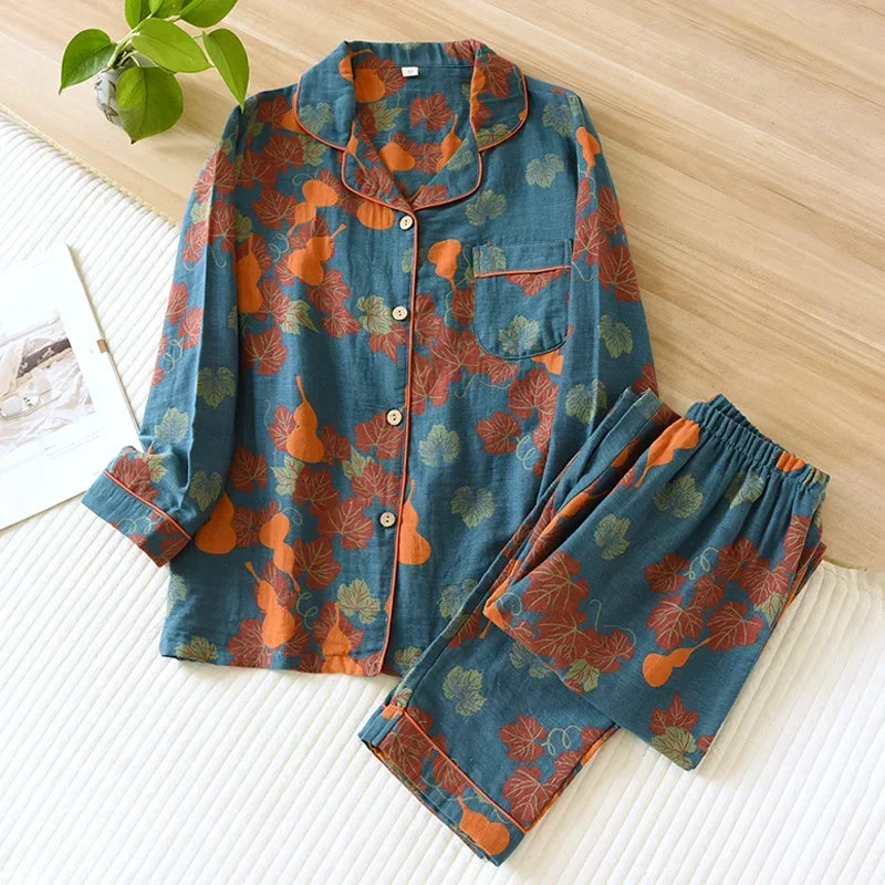 2025 Japanese Spring Autumn Women's Cotton Pajama Set Long Sleeve Pants