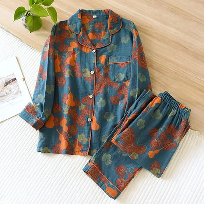 2025 Japanese Spring Autumn Women's Cotton Pajama Set Long Sleeve Pants