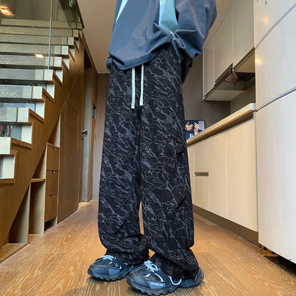 Stylish Full Print Men's Trousers Straight Loose Fit Corduroy Pants