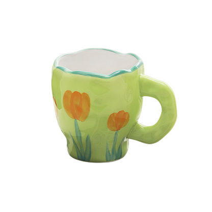 Flower Ceramic Coffee Cup Mug With Saucer Home Breakfast Handle Cup