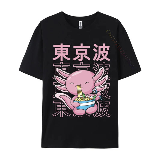 Kawaii Axolotl Eating Ramen Noodles T Shirt Autumn Hip hop