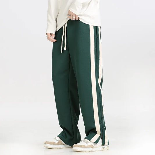 Men Striped Slit Pants Spring Autumn Straight Wide Leg