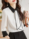 Womens White Polo Collar Shirt Tie Neck Long Sleeve Office Blouse
