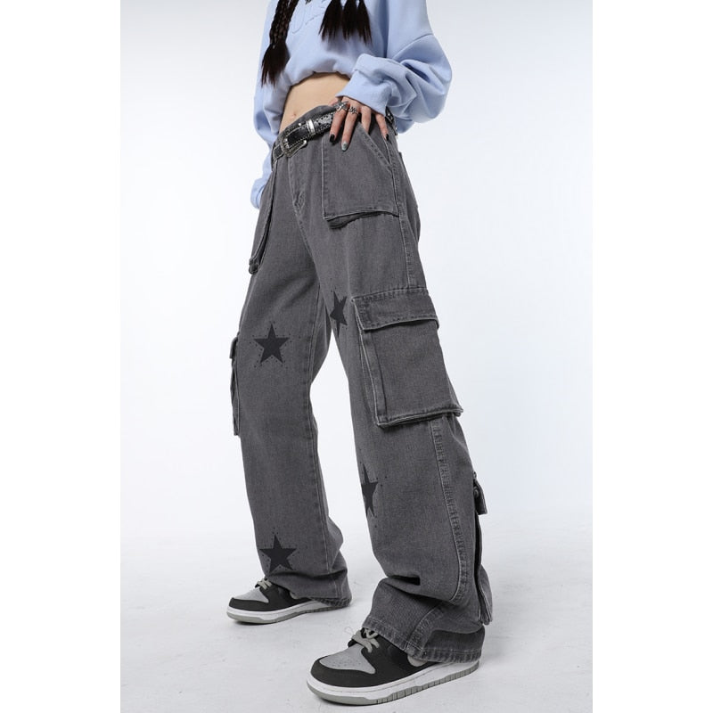 Women Jeans Vintage Straight Baggy Denim Pants Stars