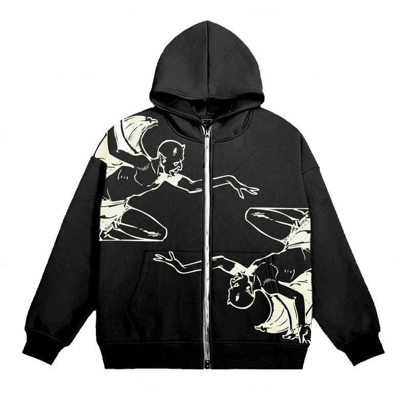 Retro Skeleton Zipper Hoodie Men's Street Wear Style with Y2K Print