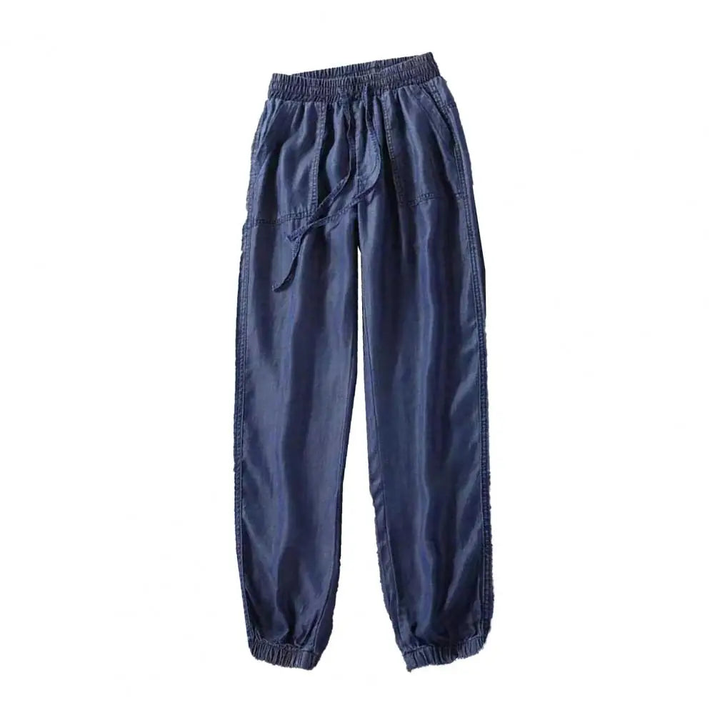 Summer Ice Silk Jeans Women High Waist Drawstring Harem Loose Pants