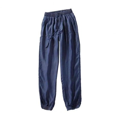Summer Ice Silk Jeans Women High Waist Drawstring Harem Loose Pants