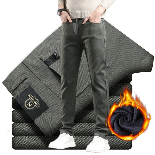 Mens Thick Fleece Lined Pants Slim Fit Winter Warm Business Casual