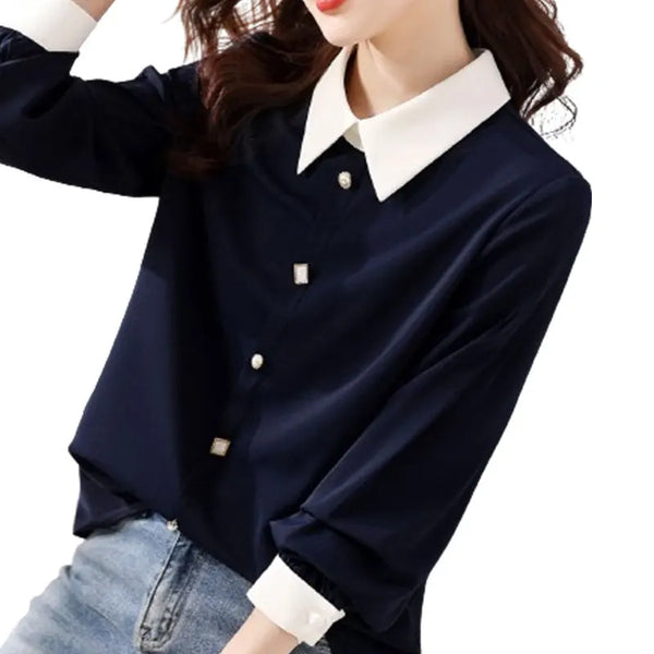 Womens Polo Collar Blouse Long Sleeve Button Patchwork Casual Top Slim