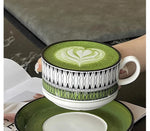 Green Medieval Coffee Cup and Plate Set Vintage Ceramic Tea Cup and Plate