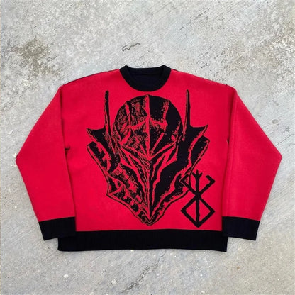 American Harajuku Warrior Jacquard Knitted Hoodie Men Autumn Sweater