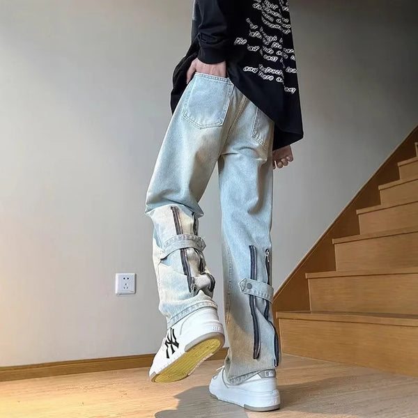 Mens Korean Streetwear Wide Leg Jeans Loose Denim Pants