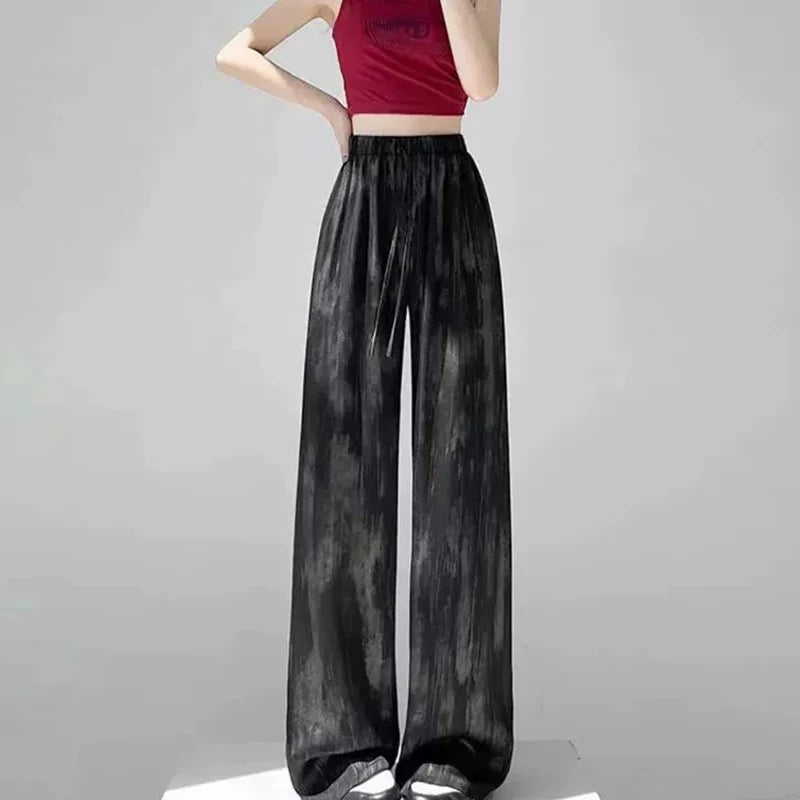 Satin Tie Dye Wideleg Pants Women Drawstring Draped Straight Pants