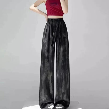 Satin Tie Dye Wideleg Pants Women Drawstring Draped Straight Pants