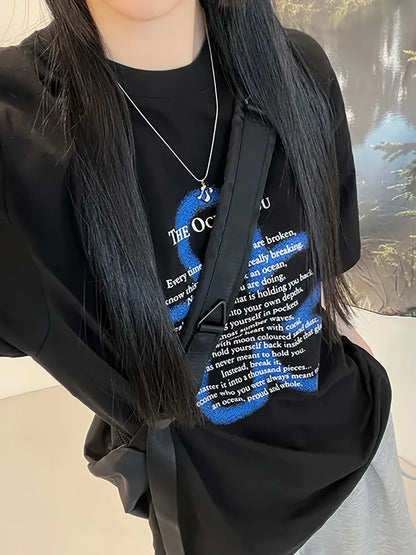 Y2k Black Letter Print T-Shirt Women Sweet & Spicy Style Summer Streetwear