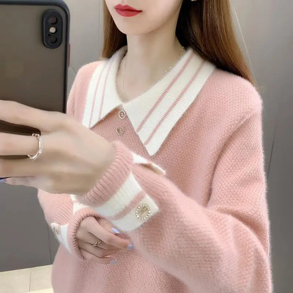 Womens Color Block Sweater Collared Pullover Office Work Knit Top