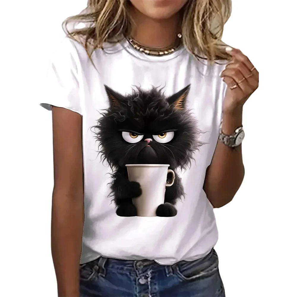 Funny Cat Women Summer White Print T-shirt Casual Short Sleeve O Neck