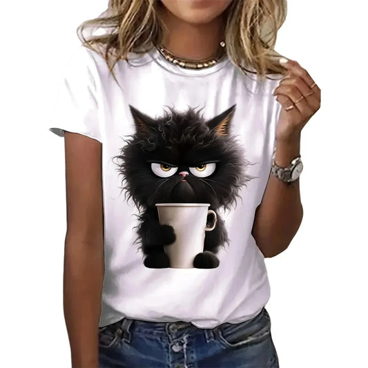 Funny Cat Women Summer White Print T-shirt Casual Short Sleeve O Neck