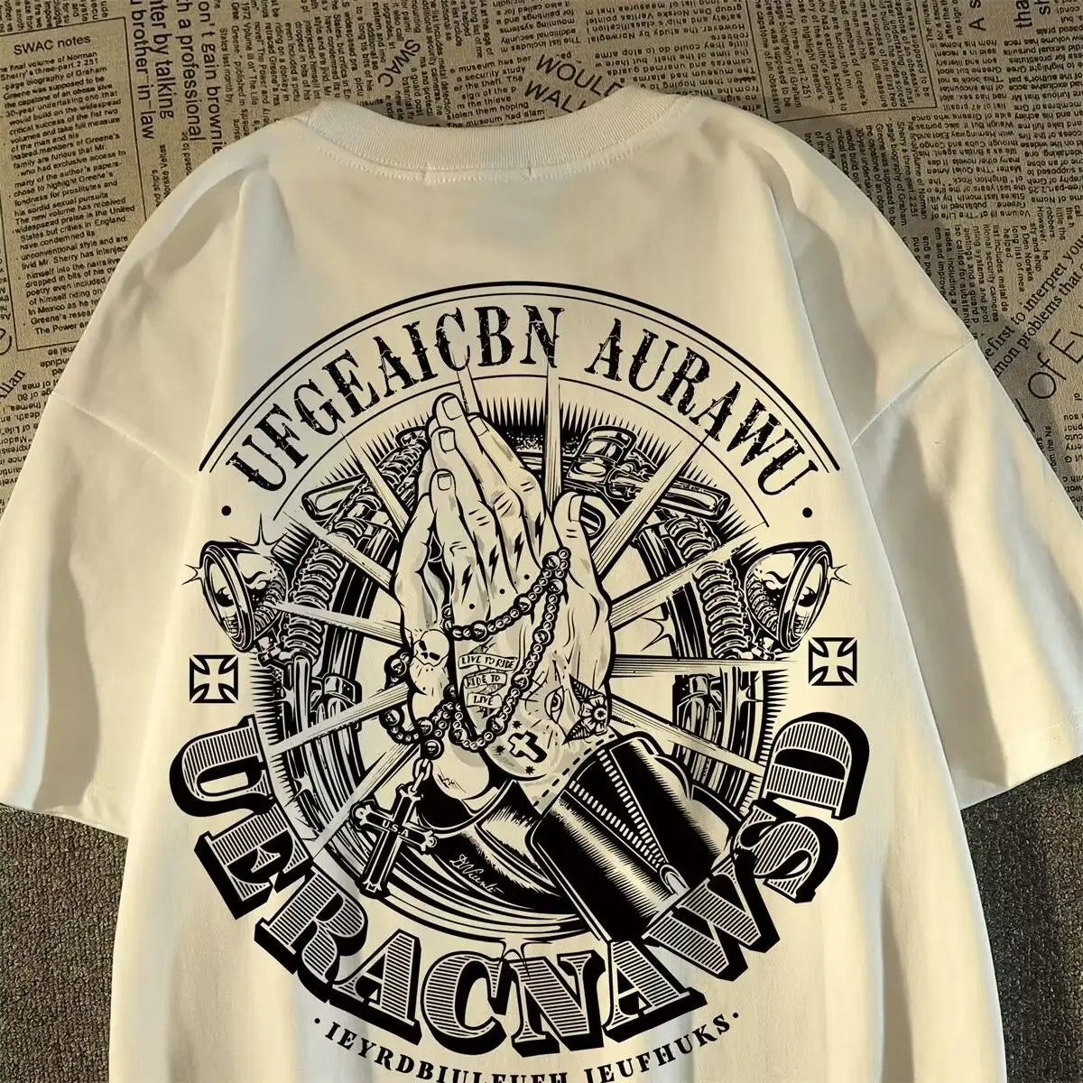 Praying Hands Motorcycle Men T-Shirt Biker Graphic Retro Streetwear