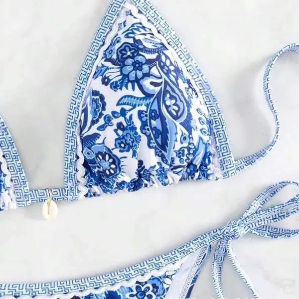 Blue and white printed sports bikini backless
