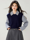 Womens Mock Layered Sweater Shirt Collar Knit Fall Top