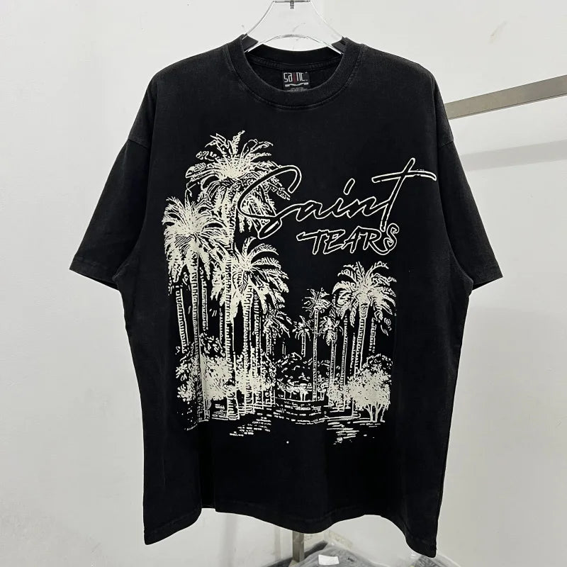 Oversized Saint T-Shirt Men Women Vintage Letter Print Streetwear