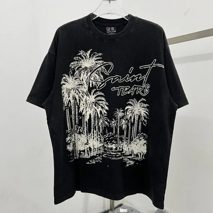 Oversized Saint T-Shirt Men Women Vintage Letter Print Streetwear