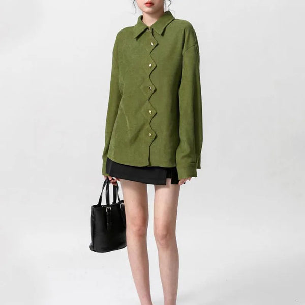 Green Irregular Shirt Women Vintage Collar Long Sleeve Button Top