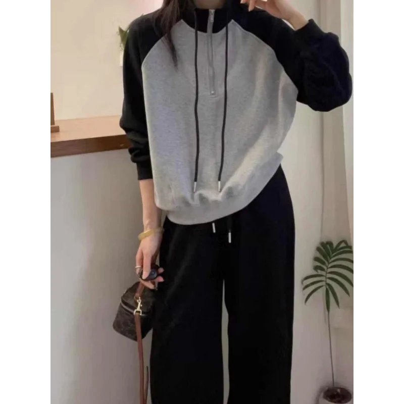 Womens Half Zip Crop Sweatshirt Raglan Sleeve Stand Collar Grey Top