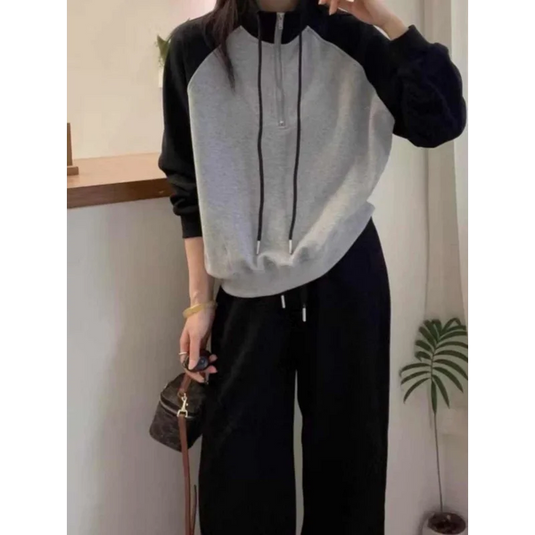 Womens Half Zip Crop Sweatshirt Raglan Sleeve Stand Collar Grey Top