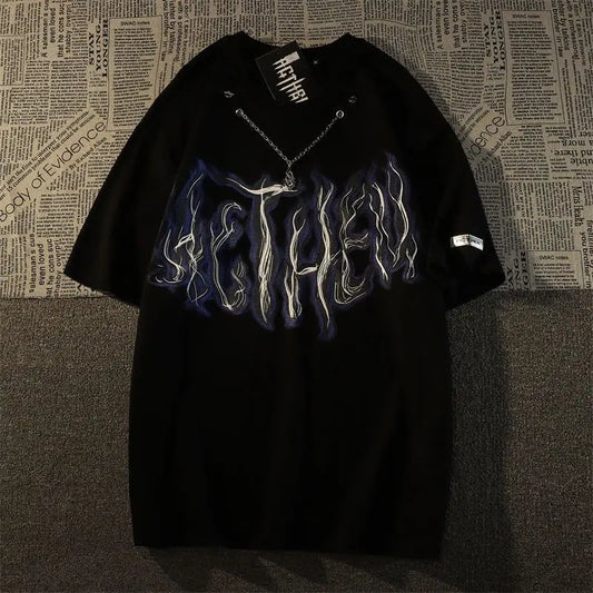 Cotton short sleeved t-shirt trend fried street flame necklace