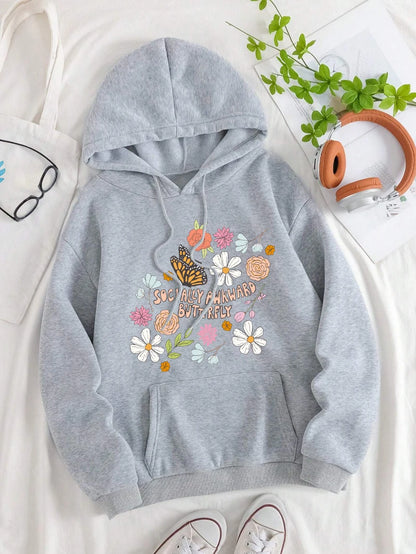 Flowers And Butterflies Hoodie Women Plants Prints Pocket Loose Pullover