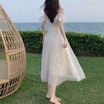 2024 Fairycore Mesh Dress Woman Off Shoulder Lace-Up White Style