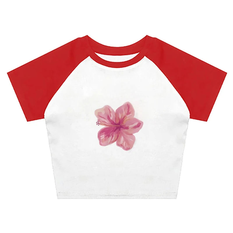 Retro EMO Girl Croptop Short Sleeve Flower Print Aesthetic