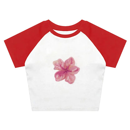 Retro EMO Girl Croptop Short Sleeve Flower Print Aesthetic